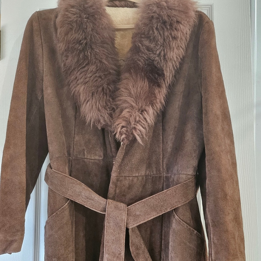Vintage Brown Suede Coat Faux Fur Collar Shearling Lined Belted Mid-Length Sz 12
